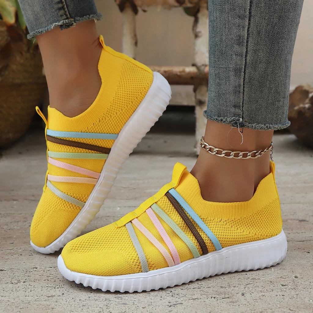 Fashion Colorful Strap Breathable Knitted Flats Women 2025 Summer Hollow Out Soft Bottom Mesh Slip On Casual Shoes Woman Plus Size