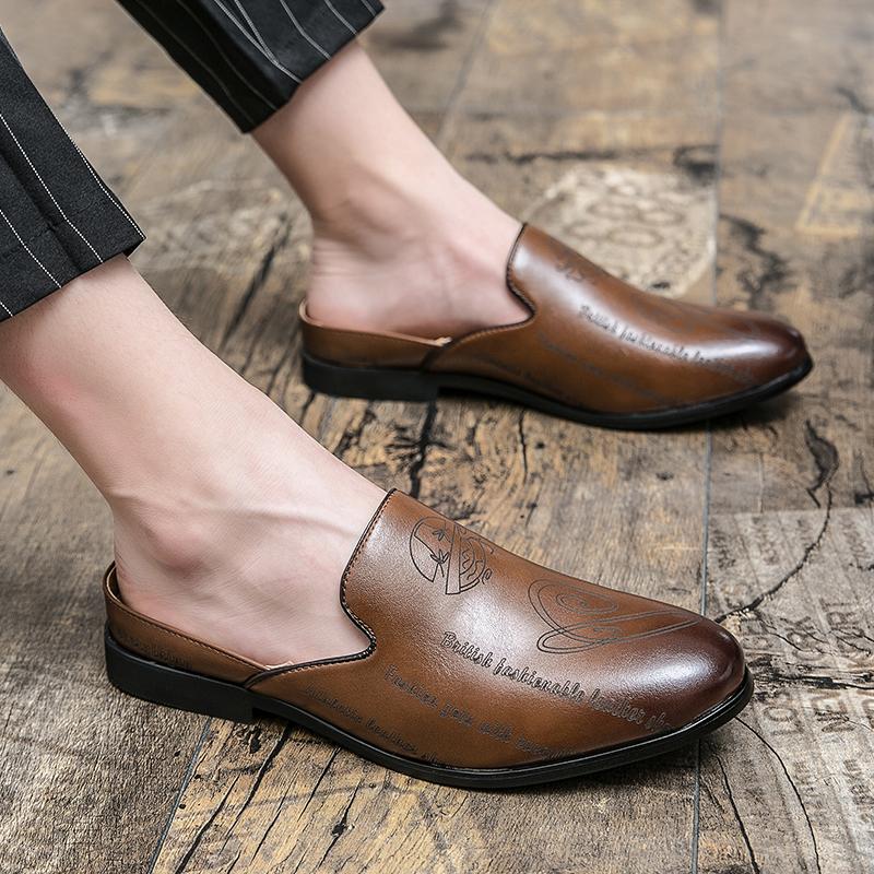 New Comfy Men Half Slippers Fashion Male Leather Shoes New Fashion Lazy Boat Flats Breathable Slip On Muller Shoes Casual Shoes