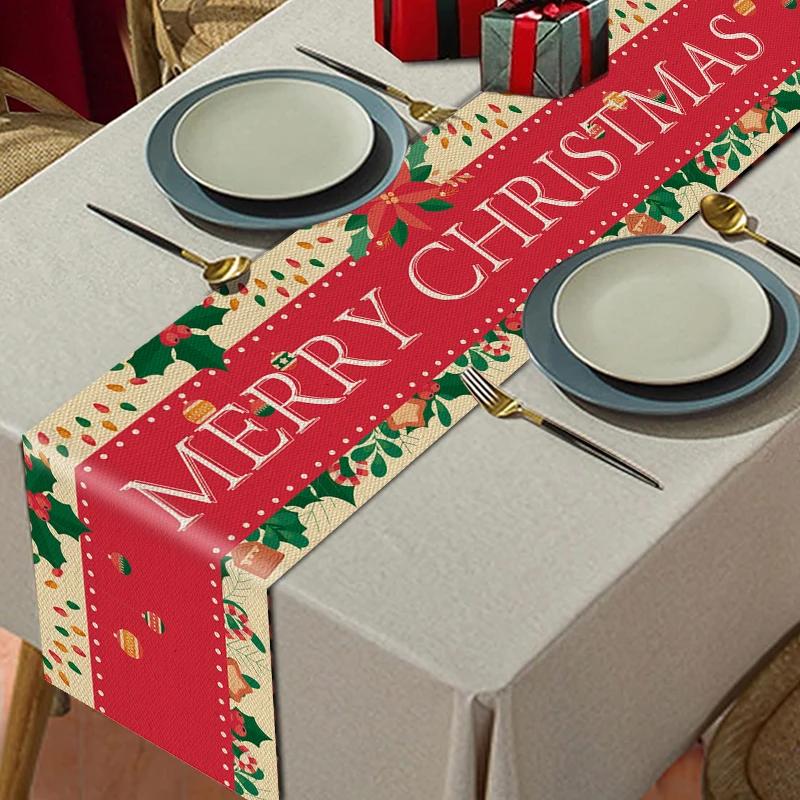 2025 Льняной Рождественский Цветок Безликий Гном Лось Дерево Печатный Дорожка для Стола Баннер Кухонная Скатерть Покрытие Стола Украшения Дома