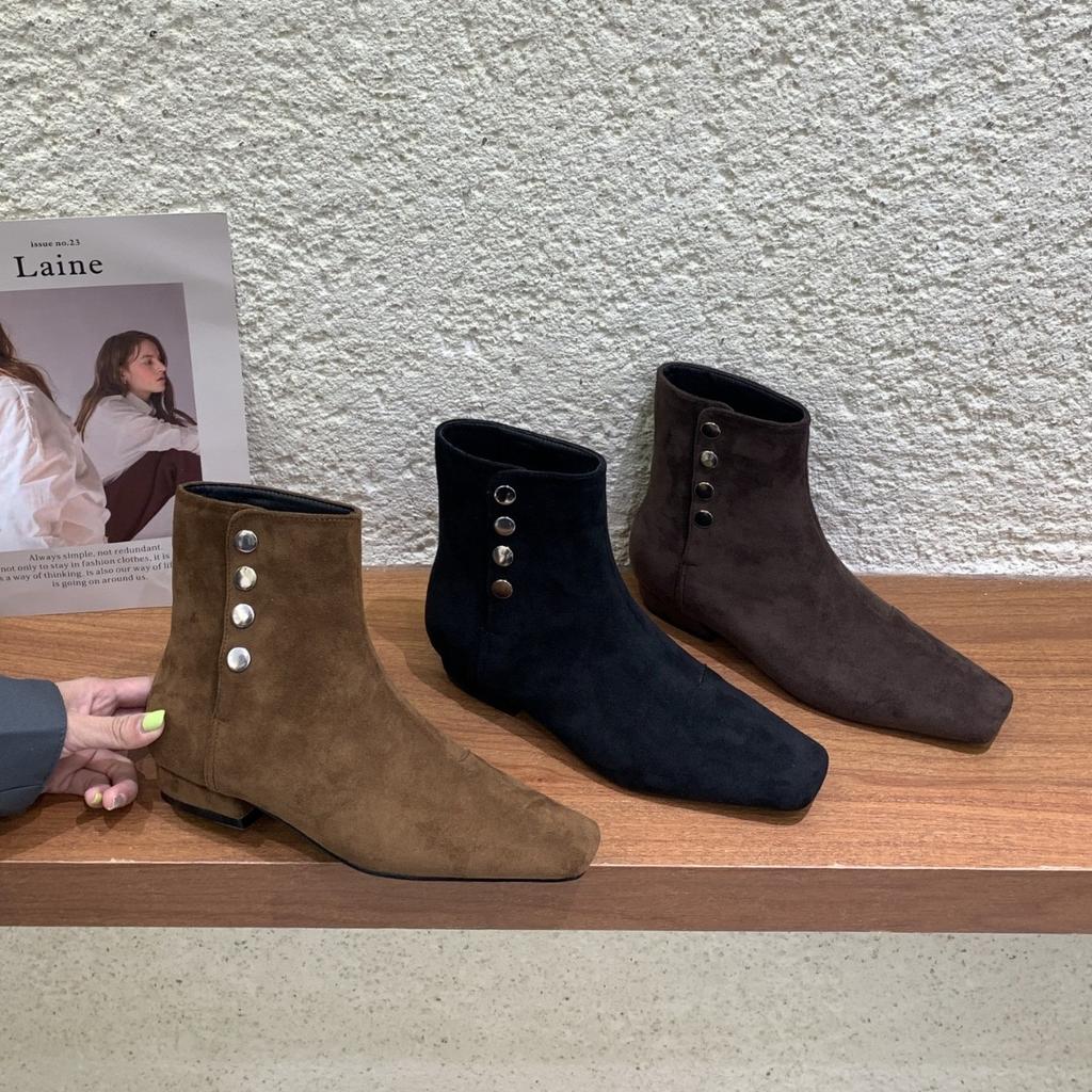 French square head thin boots women's 2025 super fire small short boots Maillard brown low heel knight boots black short boots