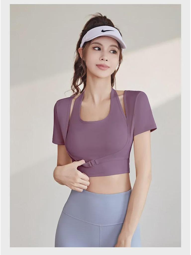 Peach Halter Neck Yoga Suit with Chest Pad - Short Sleeve, Tight Fit