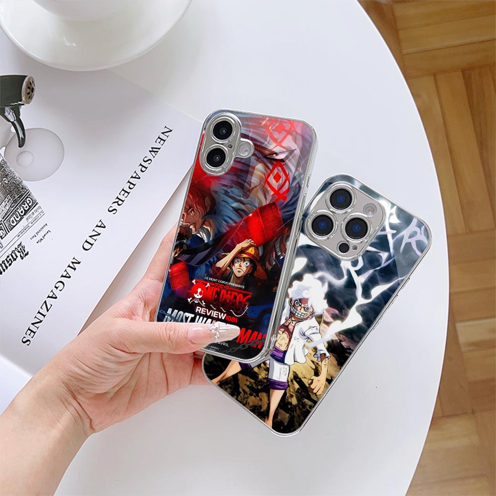 Чехол для телефона N129 Anime One Piece Gear 5 Luffy для iPhone 16 15 13 Pro Max Samsung S24 S23 A54 A35 Xiaomi Redmi Note13 с позолоченной рамкой и закаленным стеклом