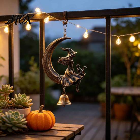 Halloween Gift for Women Witch And Black Cat Moon Wind Chime, Vintage on Crescent Patio Decor Hanging Bell, Gothic Ornament Porch, Yard, Door,