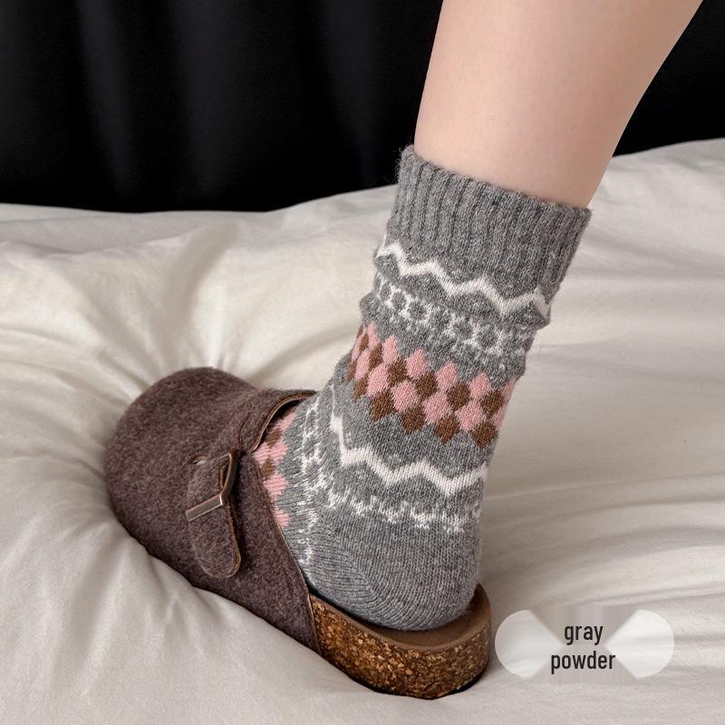 Женские винтажные шерстяные носки в стиле Fair Isle, утолщенные теплые до середины икры, осенне-зимние, кофейного цвета, до колена.