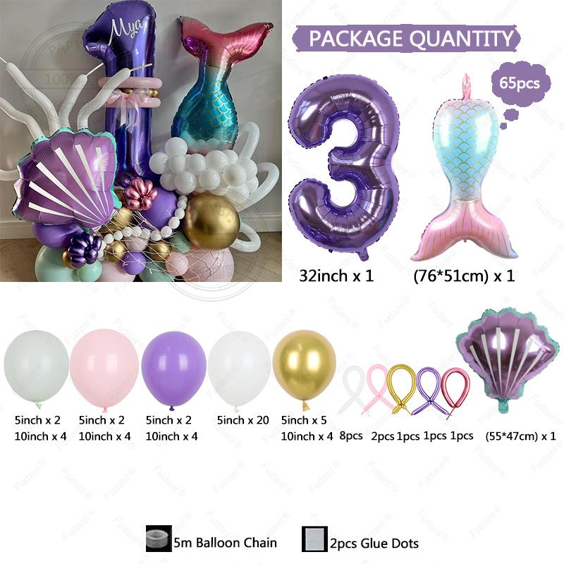 65PCS Underwater World Theme Mermaid Shell Purple Digital Aluminum Film Balloon Children's Birthday Baby Shower Decoration Ballo