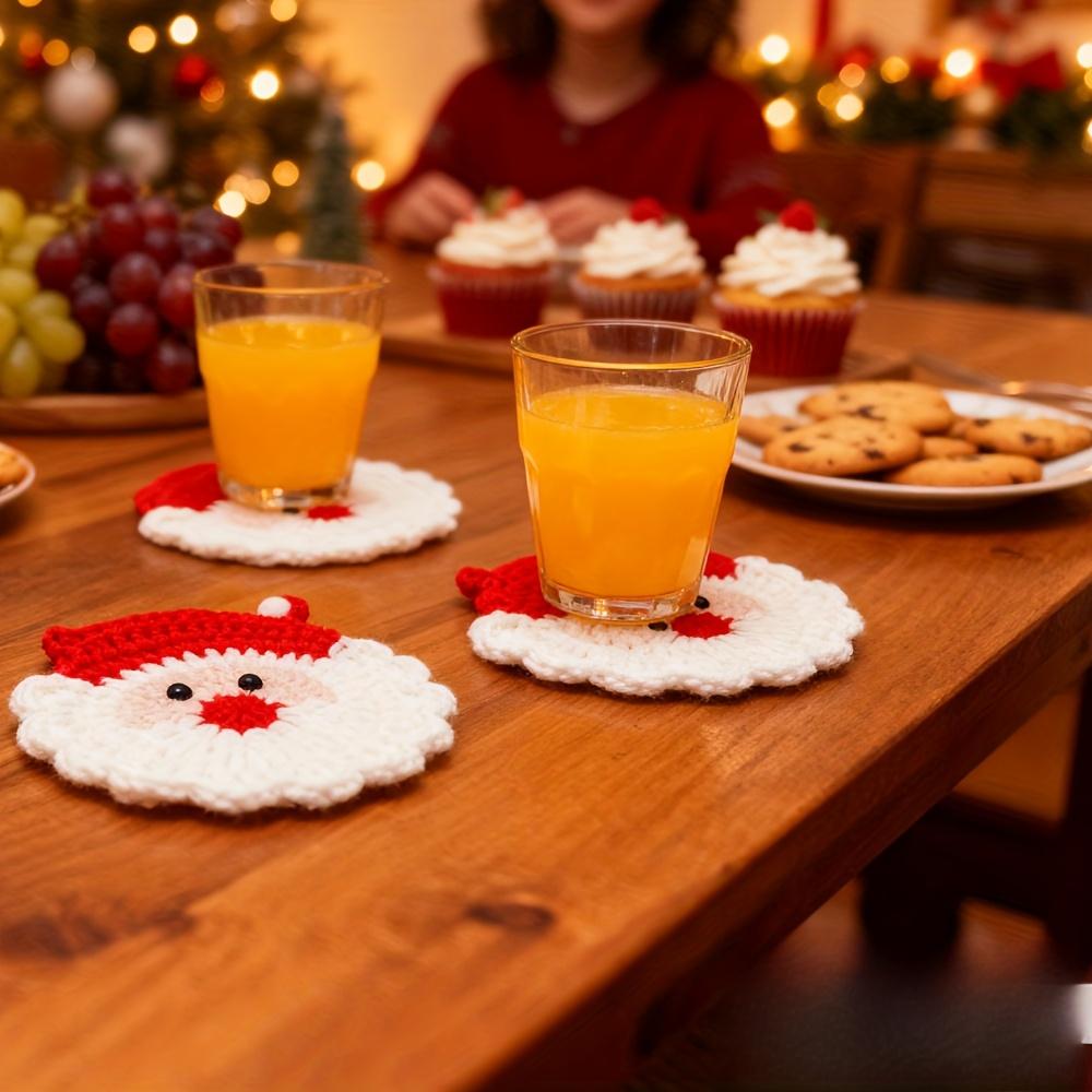 4pcs Handmade Crochet Santa Claus Coasters - Holiday Decor, Durable Fabric Drink Trays,Festive Table Decor,Unique Christmas Gift