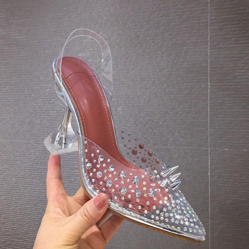 New Gold Silver PVC Transparent Rivet Diamond Pumps Sandals Perspex Heel Pointed Toe Crystal Silver Wedding Pumps Uik98