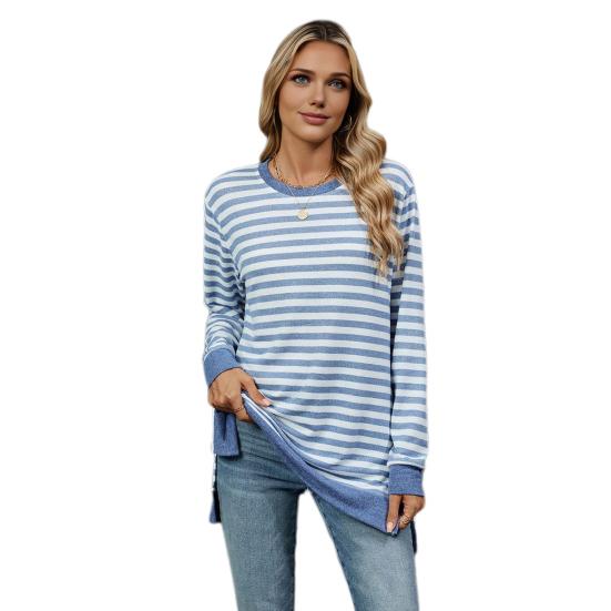 Женские топы с круглым вырезом, длинными рукавами, полосатым принтом, футболка с боковыми разрезами, средней длины, свободный крой, эластичная футболка