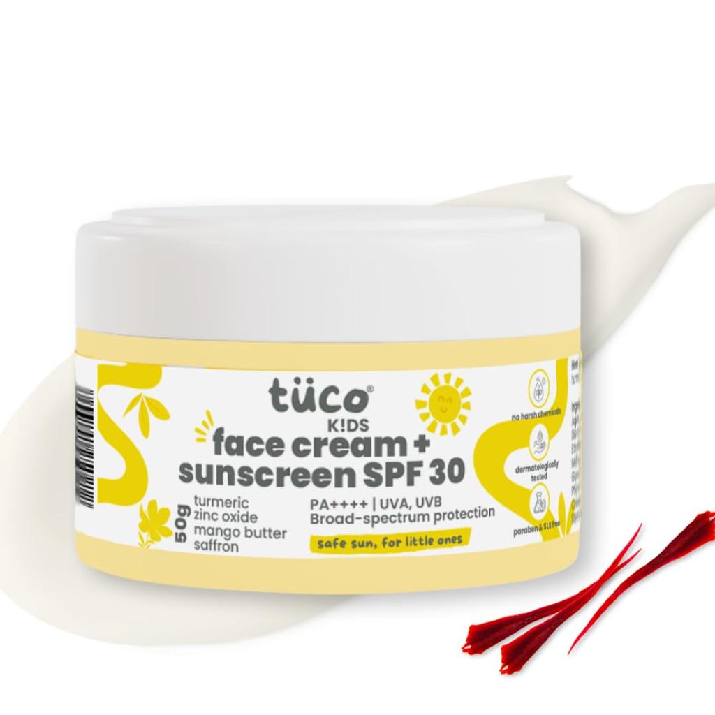 TuCo ® Kids 2 в 1 Крем для лица + Солнцезащитный крем для всех типов кожи SPF 30 С шафрановым маслом Для детей | Возраст 2-5, 5-10, 10-15 | UVA/UVB PA++++| 50 г