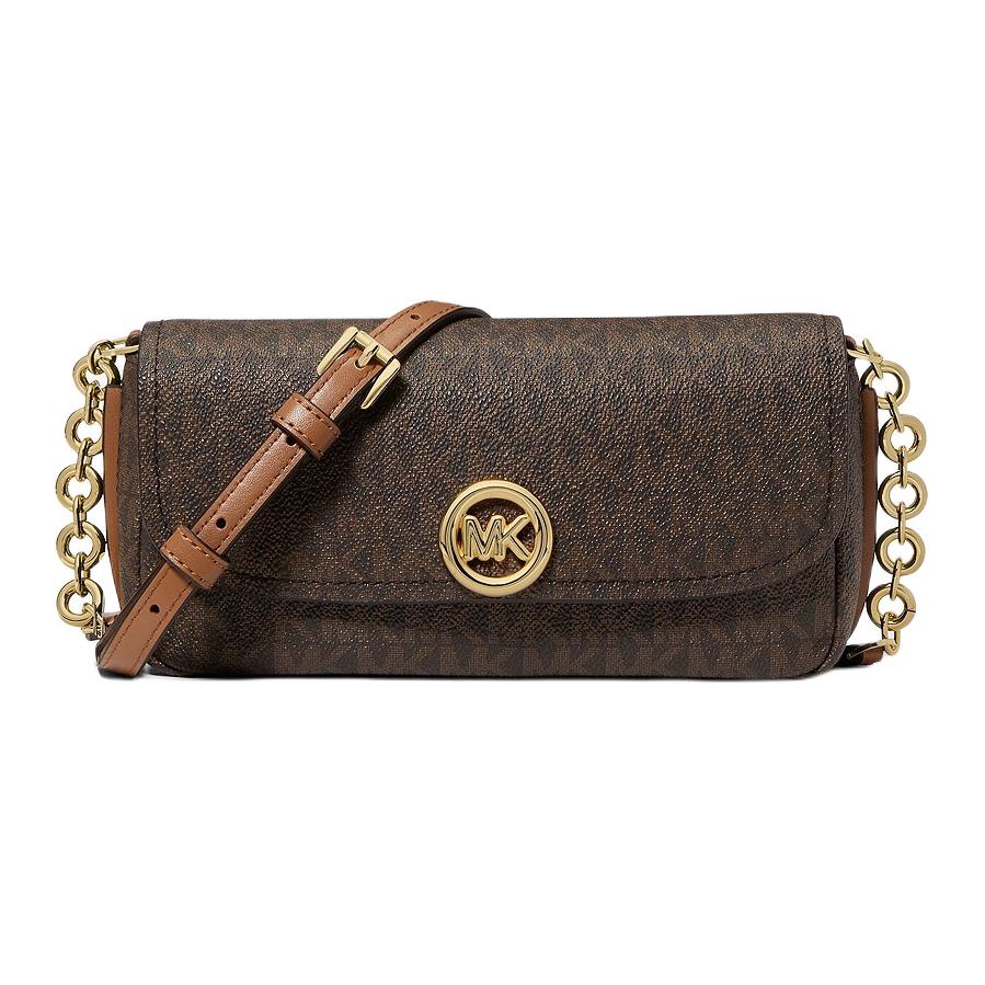 Michael Kors MK Nolita Gold Chain Logo Print Coated Canvas Faux Leather Shoulder Crossbody Bag Small Women bags Brown 32S6GY5C5B-VANILA