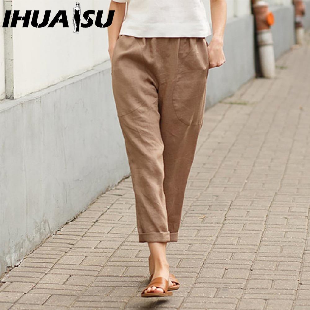 IHUASU Женские летние однотонные брюки с двойными карманами, свободные длинные брюки, женские хлопковые льняные брюки