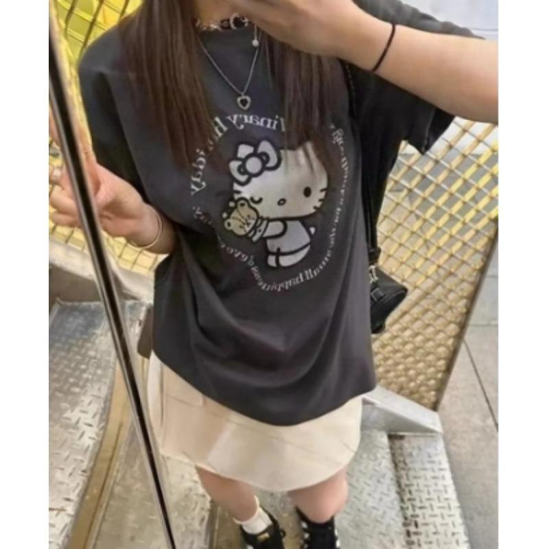 Летняя футболка 2026 года, 100% хлопок, с принтом Sanrio Hello Kitty, повседневная, свободного кроя, для родителей и детей, винтажная, в стиле Харадзюку, топ, коллаборация 52TOYS.