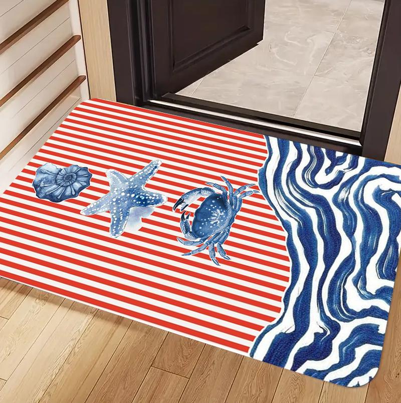 Coastal Area Rug Door Mat Timeless Carpet Floor Mat Red White Stripe Sea Creature Print for Entryway Washable Non-Slip Nordic