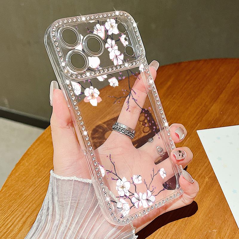 Противоударный чехол из ТПУ с цветочным принтом для iPhone 17 Pro Max 16e 16 15 14 13 15 Pro 17 ТПУ Блестящий бриллиант Мягкий силиконовый чехол для телефона