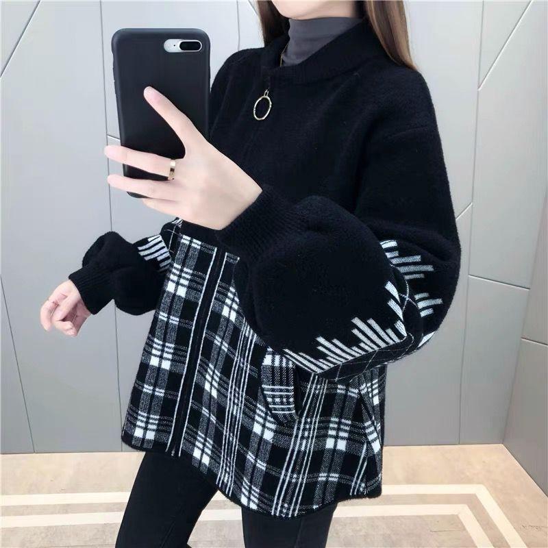 Korean Version of Women's Small Fragrance Style Woolen Coat, Spring and Autumn, Round Neck, Grid Pattern, Zipper, Pockets, Knit Cardigan