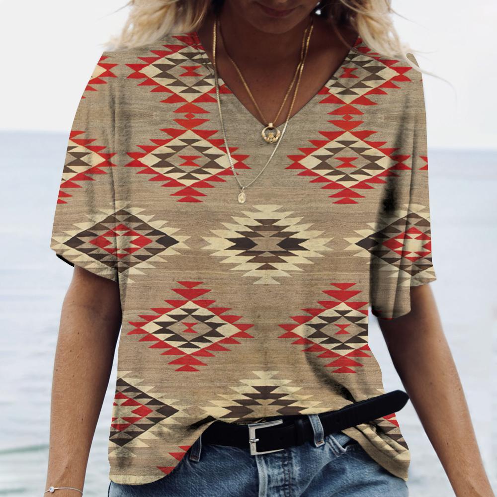 Летние футболки с 3D принтом в этническом стиле, женская модная винтажная уличная футболка с коротким рукавом и v-образным вырезом, футболки, топы, женская одежда