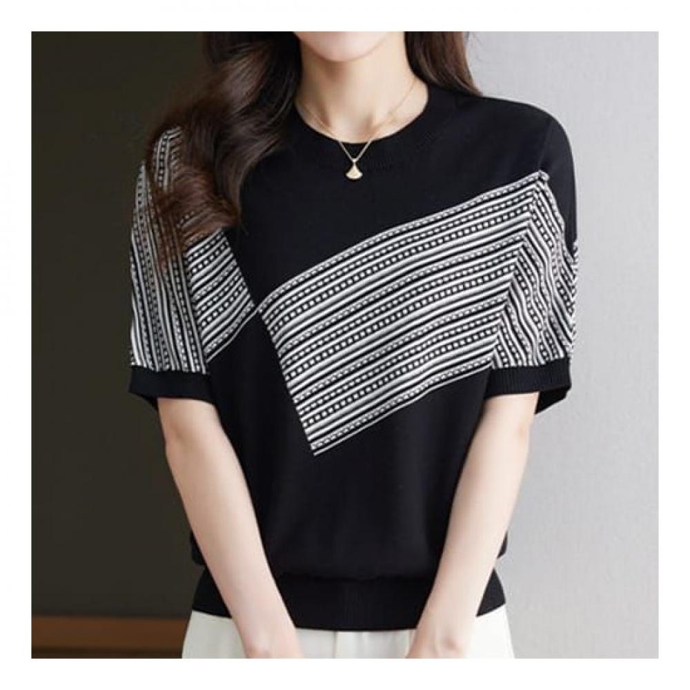Navava Striped Point Round Neck Short Sleeve Knit Nk2253
