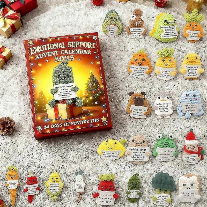 Адвент-календарь эмоциональной поддержки 2025 24 дня до Рождества с 24 акриловыми украшениями, персонажи в стиле вязания крючком, набор для снятия стресса,