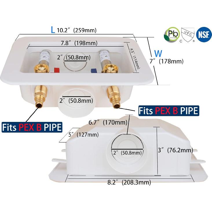 WHK Washing Machine Outlet Box,Pex Laundry Box Washer Wall Box With Drain Recessed Water Valve Box Center Double Drain 1/2-inch Crimp PEX B,PVC White
