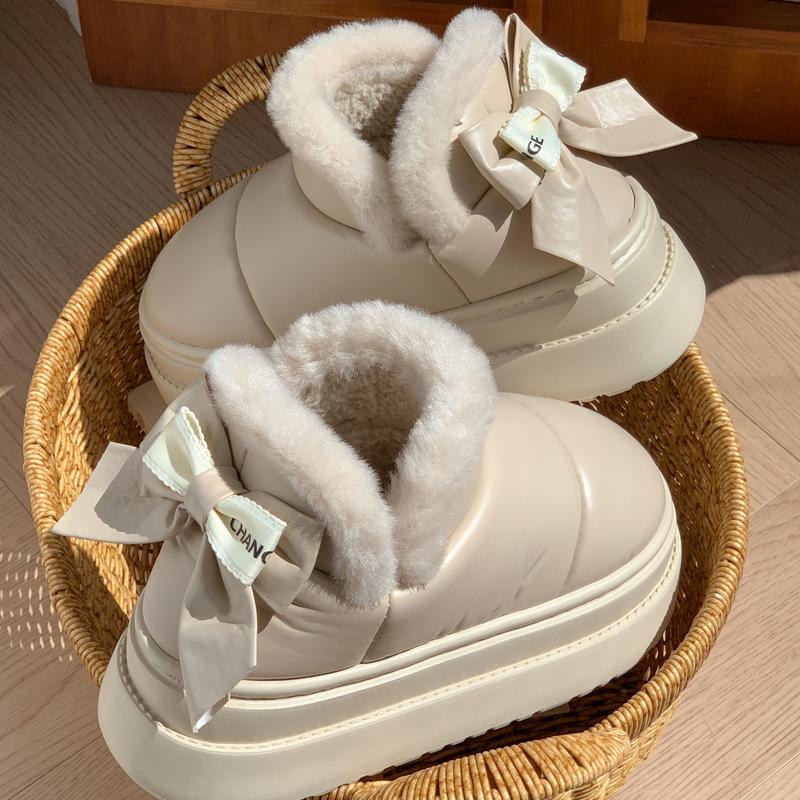 Хлопковые тапочки с бантом, осенне-зимняя обувь, домашние тапочки для помещений на толстой подошве, нескользящие, бархатные, с термо-мешком и хлопковой подкладкой