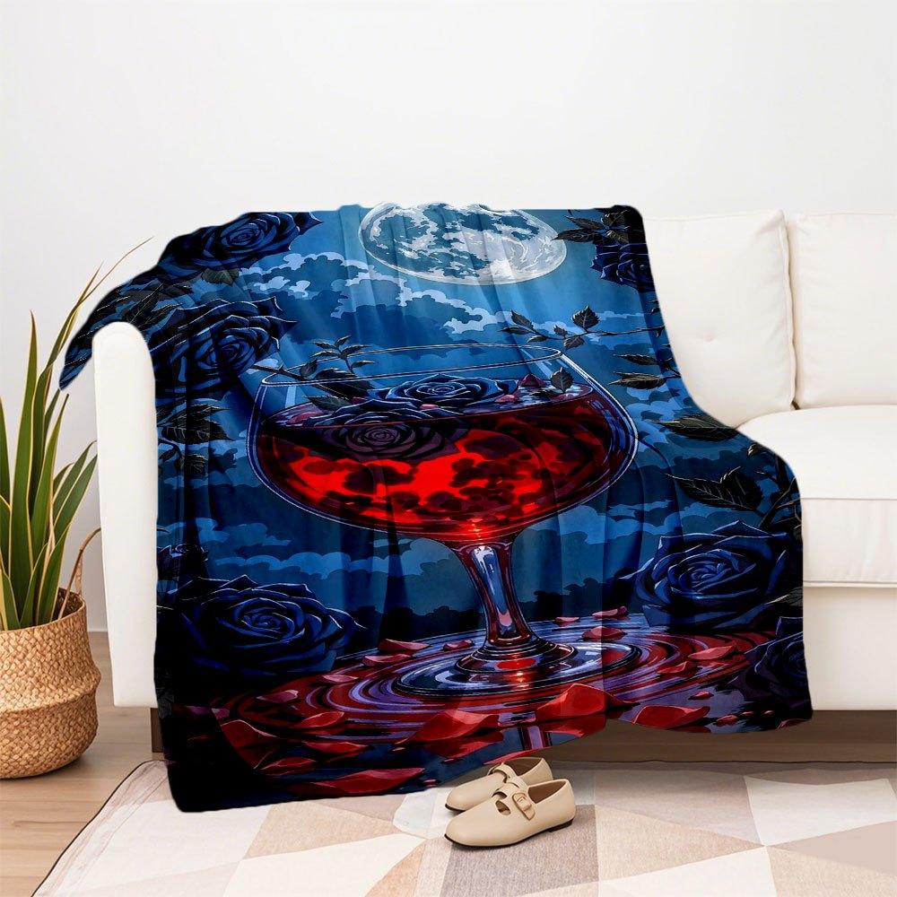 Midnight Elegance: Wine Glass with Blue Roses and Full MoonBlanket Flannel Throw Blanket for Sofa, Bed, Travel, Camping, Office, Couch, Chair