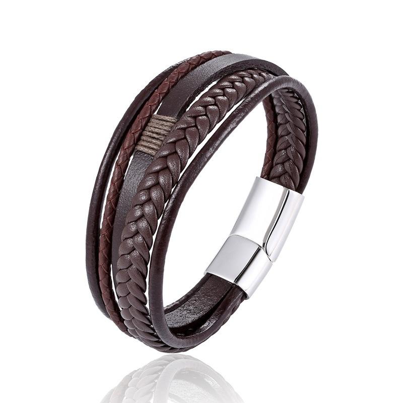 Fashion Classic Men's Leather Rope Bracelet Woven Leather Ethnic Style Bracelet Punk Metal Magnet Buckle Personality Bracelet