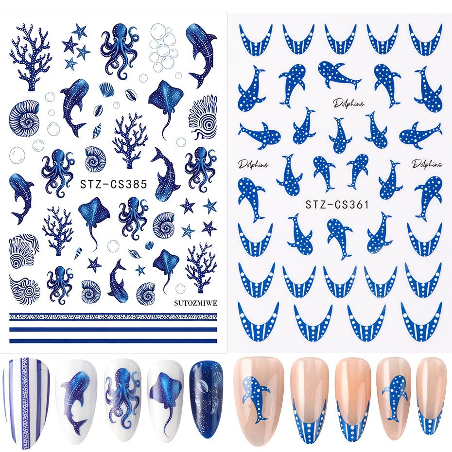 Xiaomi 2pcs Blue Ocean Nail Art Stickers Decals Whale Octopus Coral Starfish Seashell Bubble Summer Nail Sliders Manicure Decorations