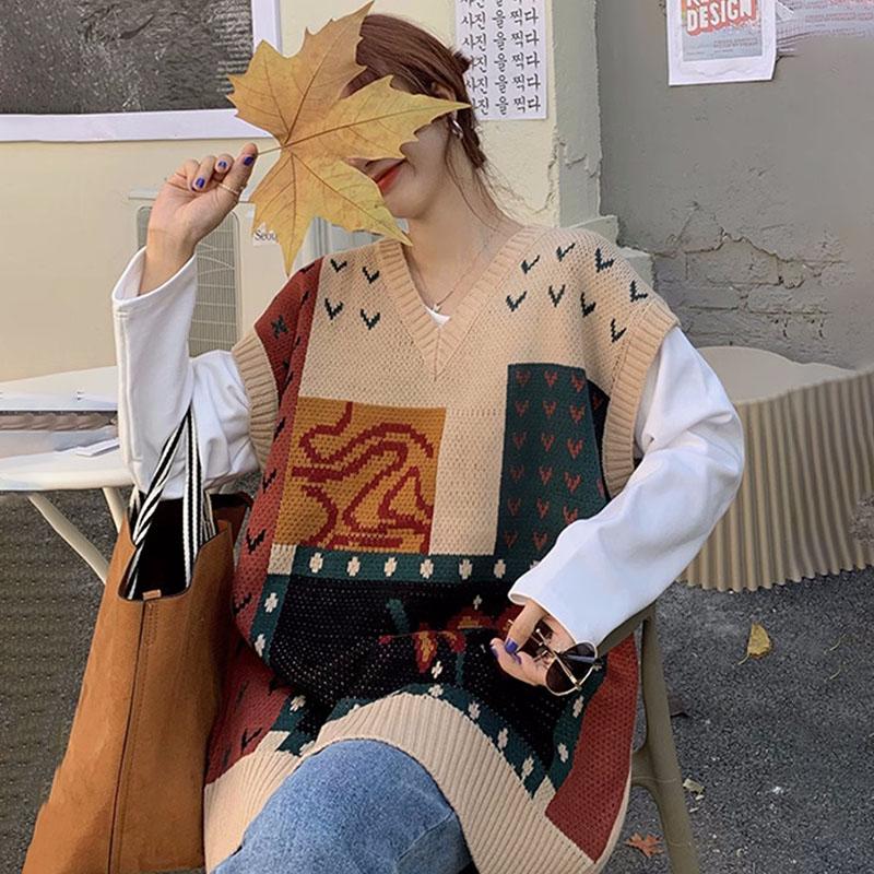 Свитер-жилет женский плюс размер осенний v-образный вырез свободный вязаный удобный спортивный свитер сто с майкой без рукавов