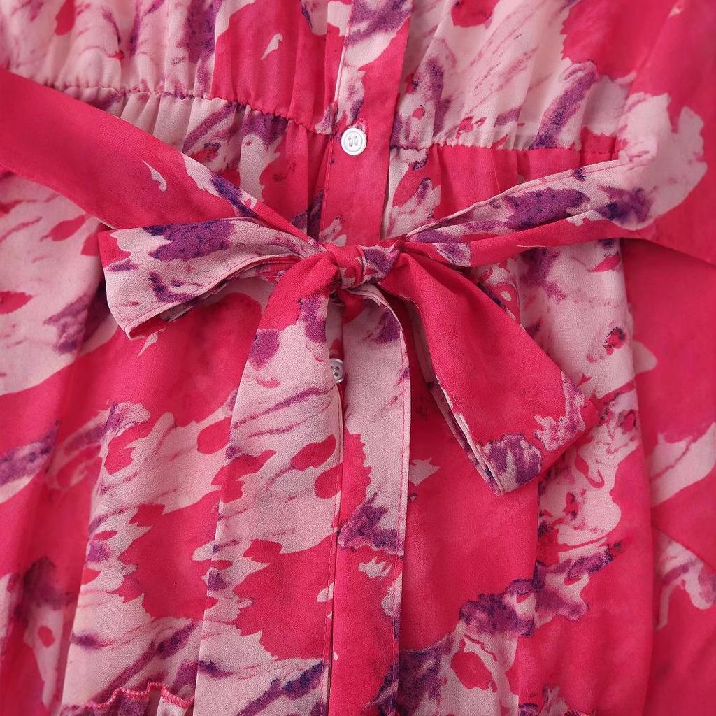 2025 Spring Women's European & American Style Casual Chiffon Belted Layer Dress