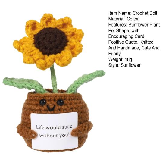 Вязаная крючком кукла подсолнуха, игрушка ручной работы для эмоциональной поддержки с ободряющей карточкой, вязаное украшение для горшка с растением подсолнечника, забавная кукла позитивной жизни