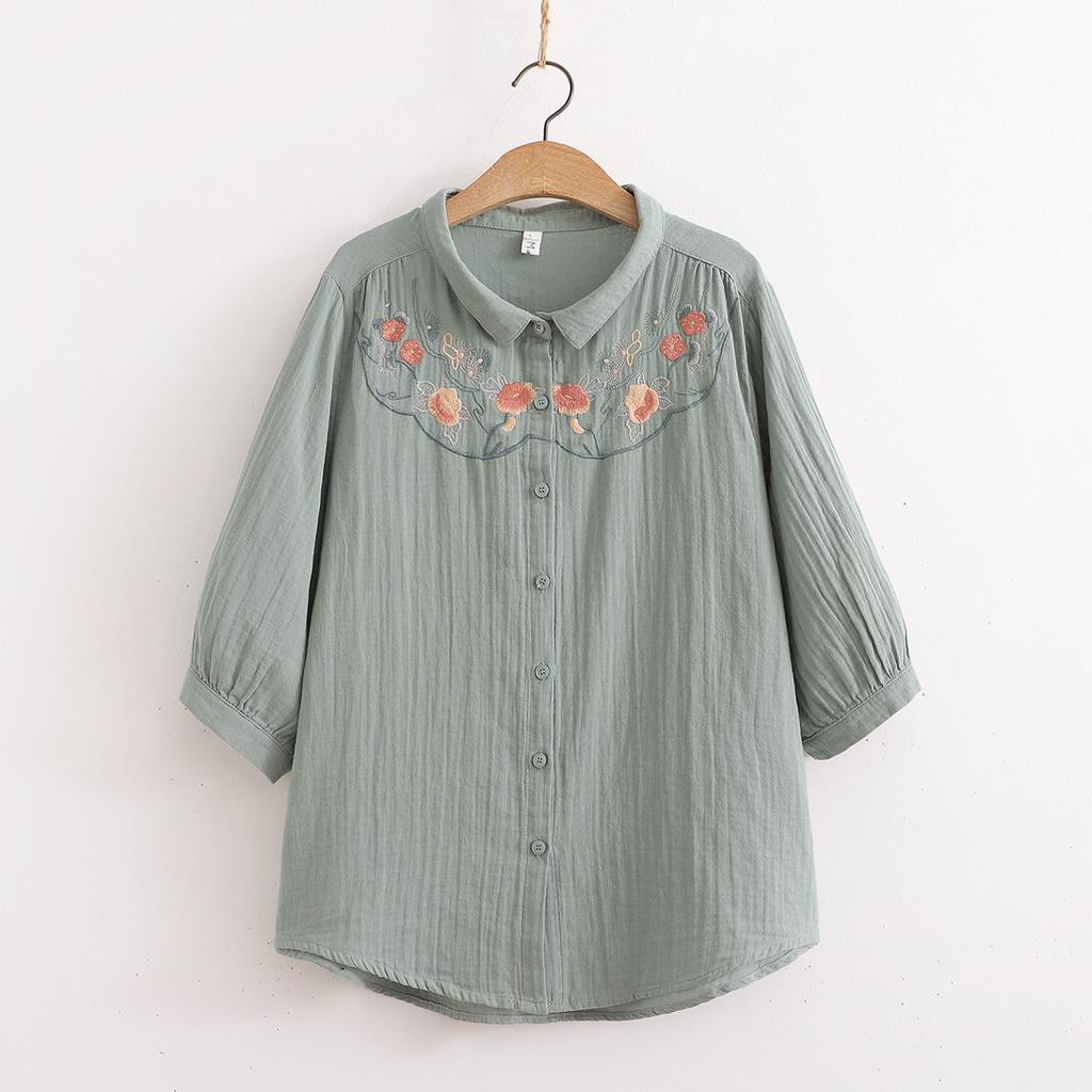 Women's Floral Embroidery Soft Seven Sleeve Shirt