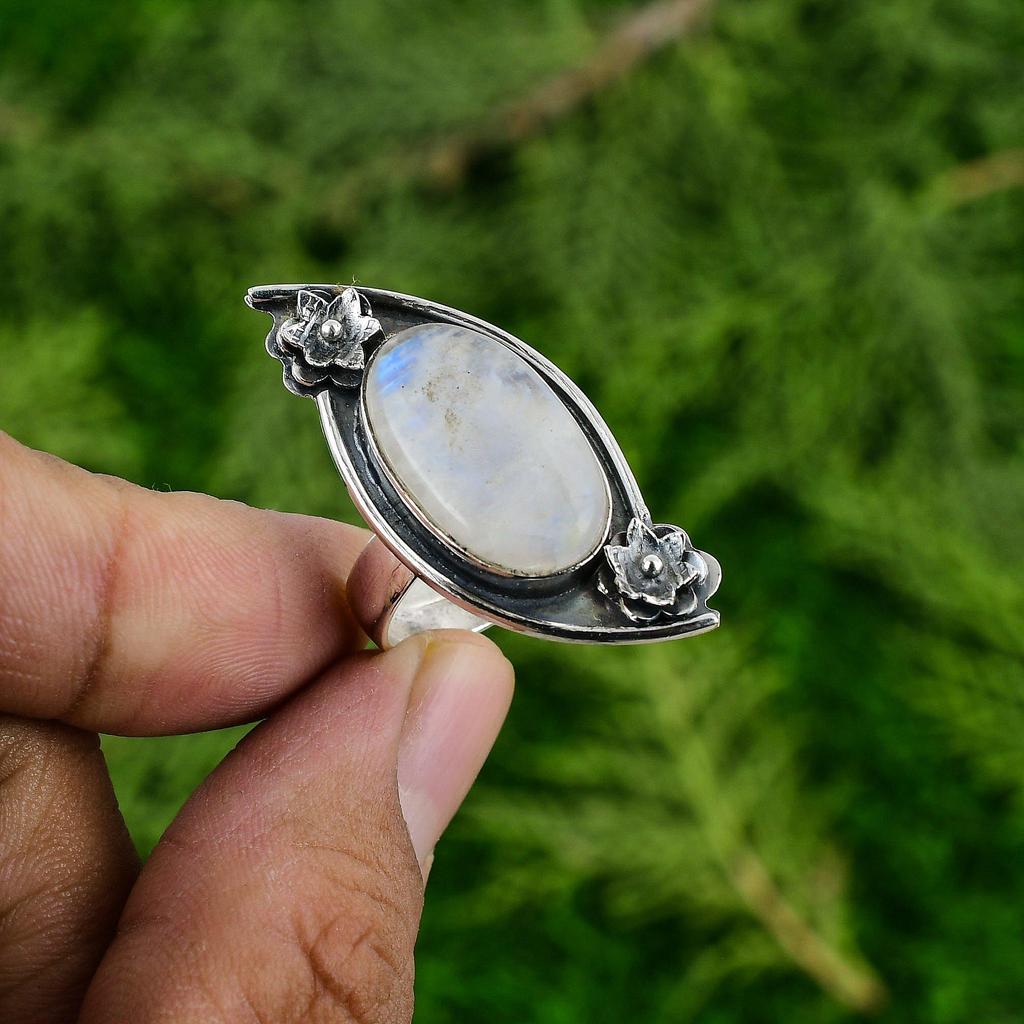 Natural Rainbow Moonstone Solitaire Flower Adjustable Ring 925 Silver