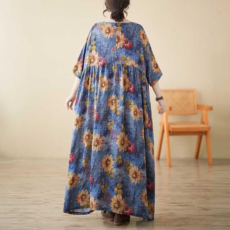 Женское платье свободного кроя из смесового льна - Свободный фасон с короткими рукавами