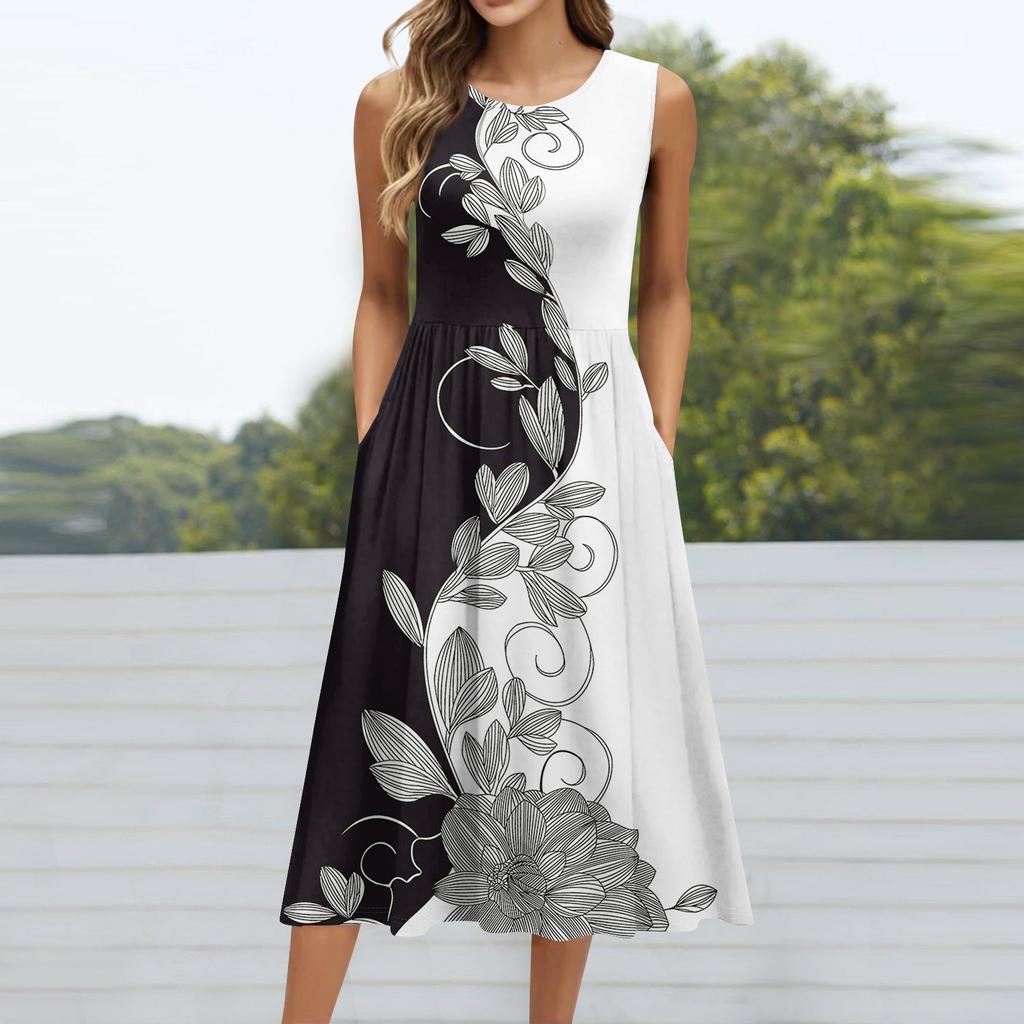 Женское модное платье средней длины с круглым вырезом и принтом без рукавов