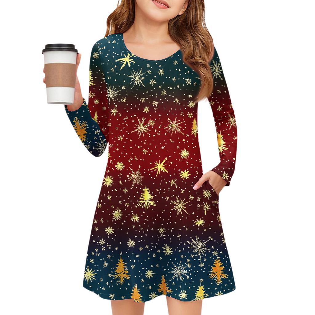 Christmas Day Girls' Long Sleeve Dress - Color Pocket Dress