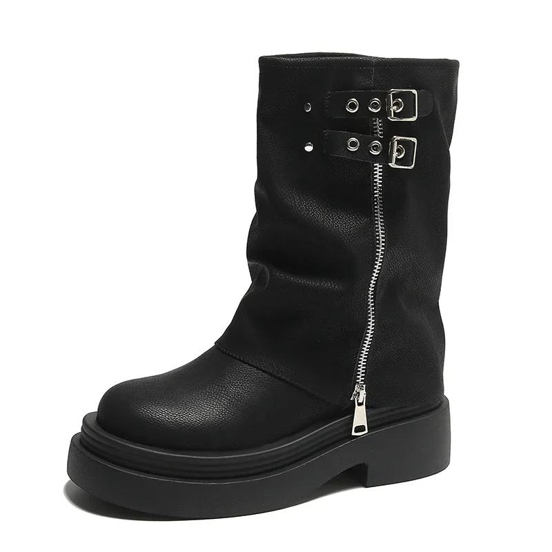 2024 Однотонные модные женские сапоги до середины икры, модная толстая подошва с металлическим украшением, уличные крутые женские туфли, мотоциклетные сапоги