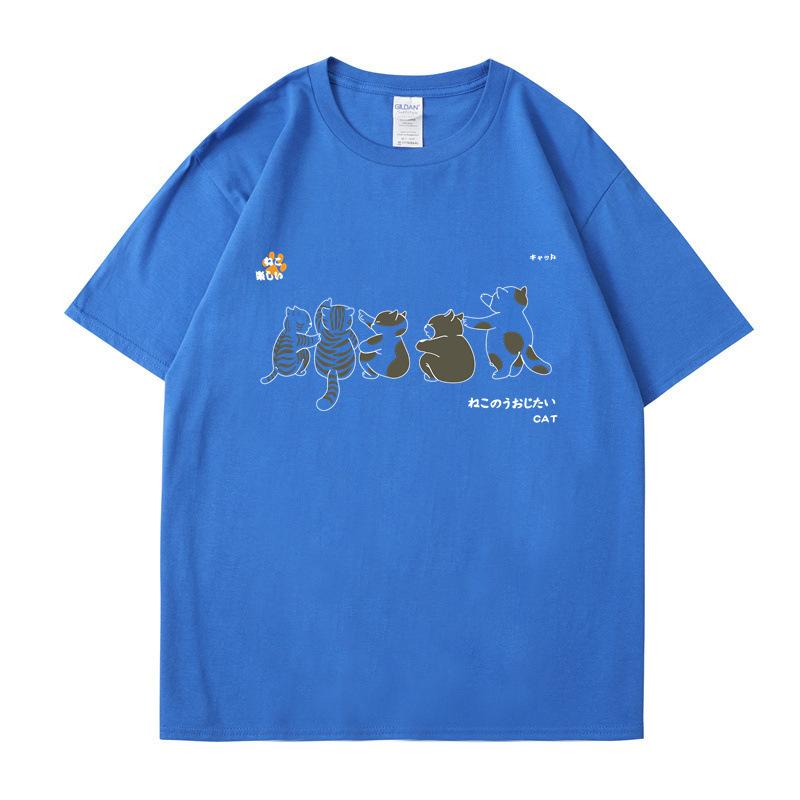 Рубашка с коротким рукавом, мужская, с рисунком кошки, летние, свободные и универсальные, студенческие футболки