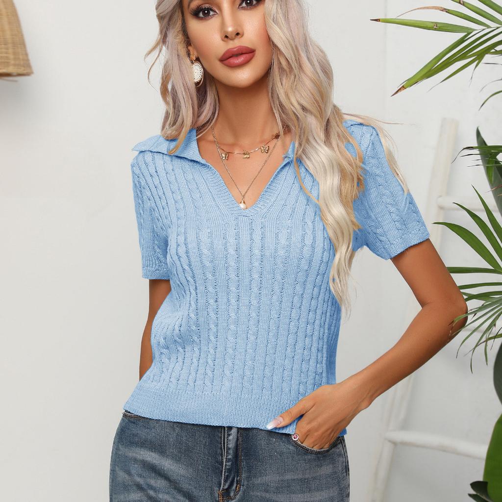 GMXIA Women's Fashion Casual Solid Color Print Summer Spring Short Sleeve V-Neck Knitted Short Sleeves