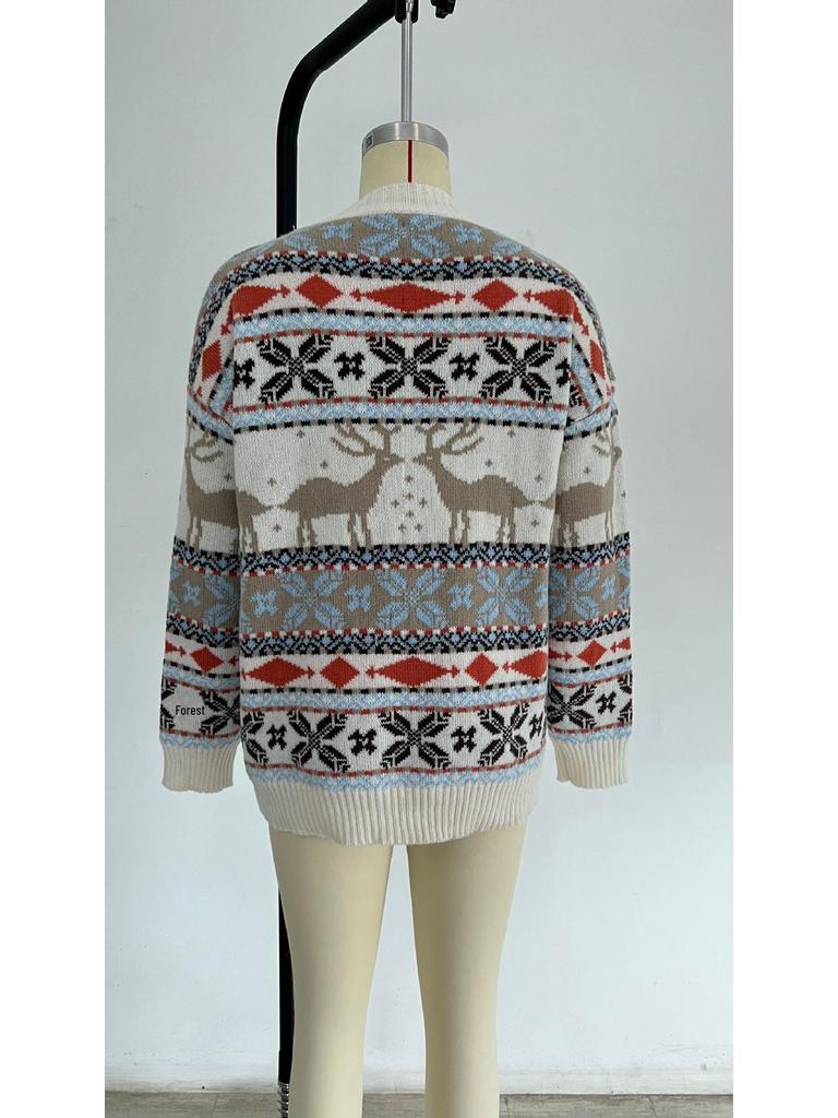 Жаккардовый свитер с европейской и американской рождественской тематикой — женский, свободный крой, круглая горловина, длинный рукав, пять цветов (2022)