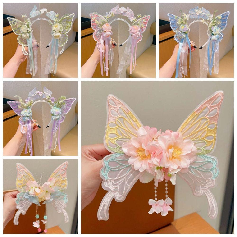 Mesh Big Butterfly Wing Hairpins Sweet Elf Ear Headband Lovely Flower Headband Kids Gift