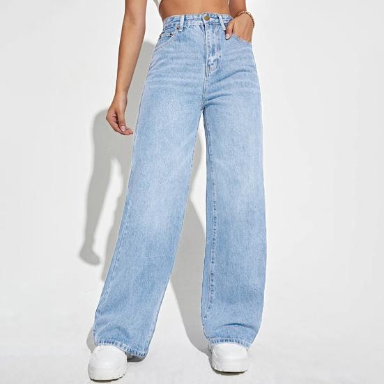 Женские джинсовые брюки с высокой талией, эластичные широкие джинсы с карманами, повседневные прямые джинсовые брюки на лето и осень