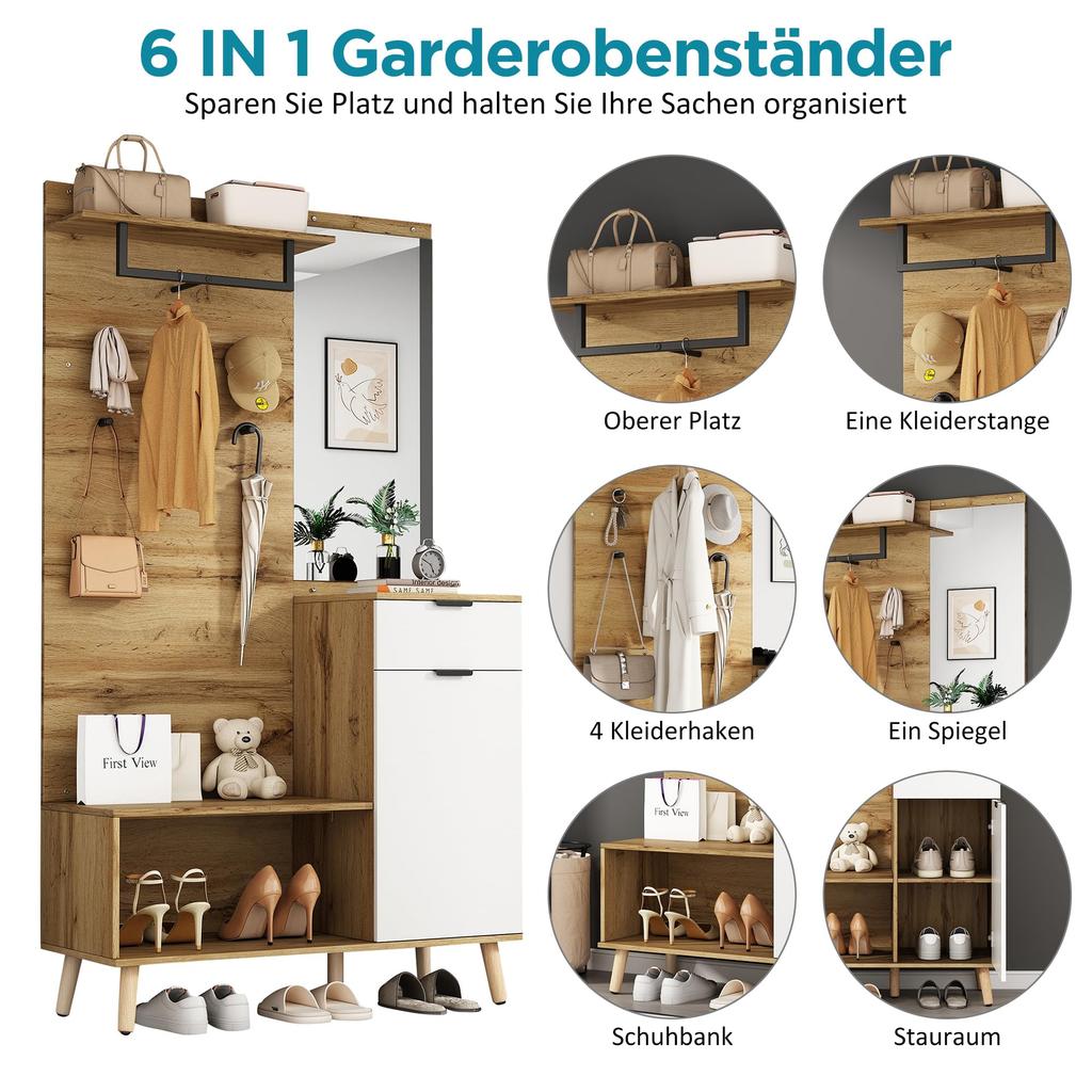 Комплект 190 см, Гардеробный набор Зеркало, Стильная банкетка для обуви, Шкаф для обуви, Ящик, Полка, Крючки для одежды, Настенная вешалка, Цвет дерева & Белый