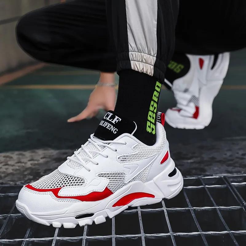Модные сетчатые мужские кроссовки белые летние кроссовки на платформе стильные мужские кроссовки на шнуровке дышащая мужская теннисная обувь мужская спортивная обувь