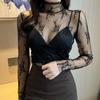 Women T Shirt See Through Transparent Mesh Tops Long Sleeve Sheer Slim Ladies Turtleneck Silk T-Shirt Lace Crop Top