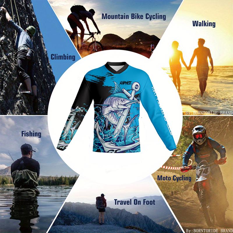 Мужская футболка с круглым вырезом и длинными рукавами для рыбалки, с принтом парусника и пираньи, быстросохнущая рубашка для езды на велосипеде