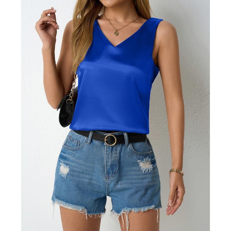 Women's Spring Summer Satin Vest V-neck Casual Halter Vest Sleeveless Shirt
