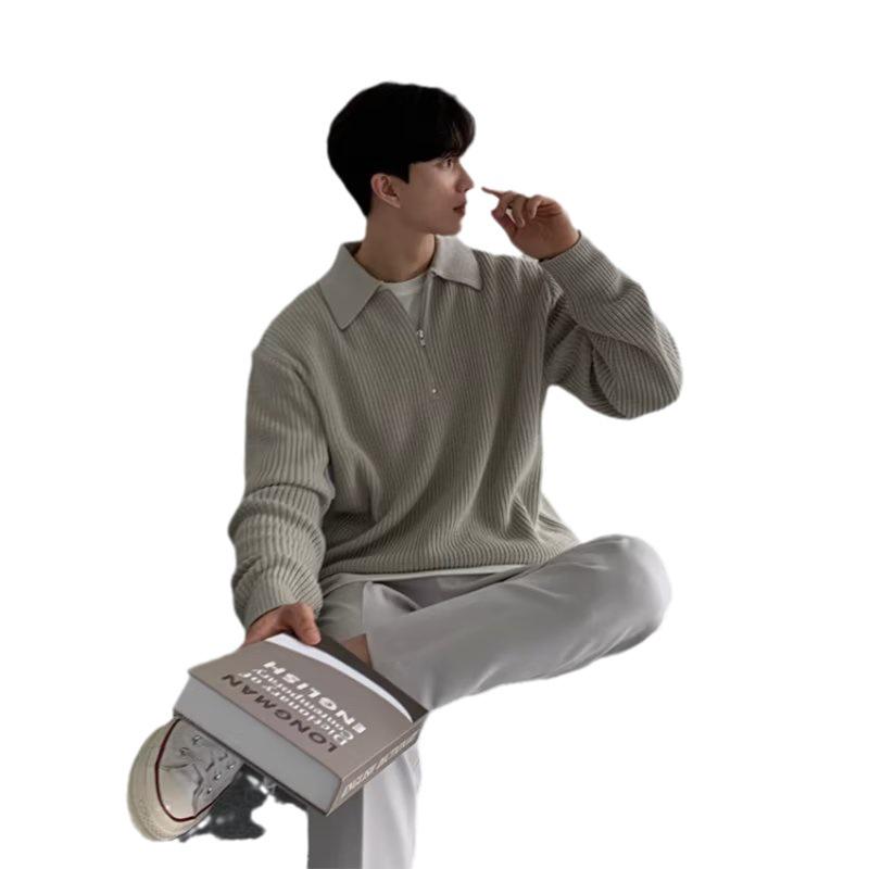 Мужской свитер в японском стиле с полумолнией и лацканами - свободная повседневная одежда на осень/зиму