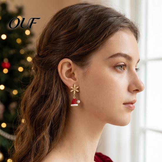 Elegant Holiday Dangle Earrings 1 Pair Christmas Earrings, Sparkling Snowflake Red Santa Hat Green Charming Winter Theme Stocking Asymmetric