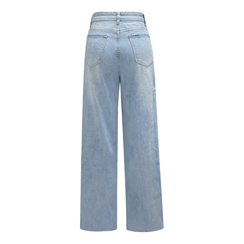 Женские джинсы длинные с высокой талией и рваными краями, удобные широкие брюки