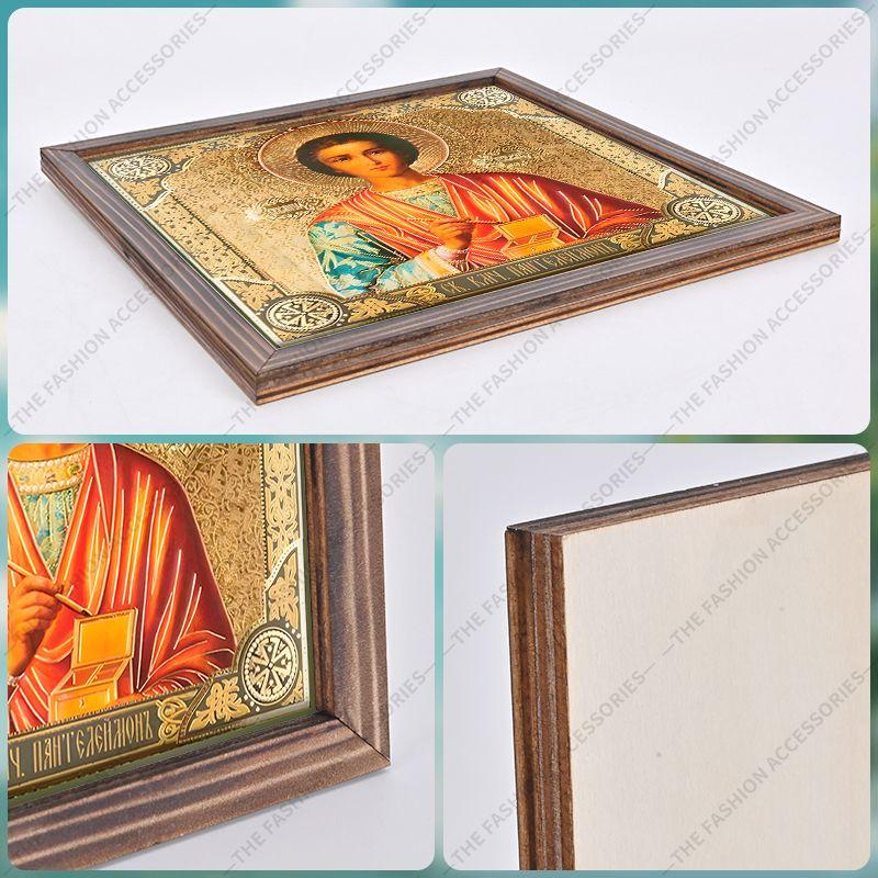 Декоративная роспись православных икон, Освященная икона "Святой Пантелеимон Целитель", Роспись фоторамки, Христианское настенное искусство, 20см*20см, Духовный подарок